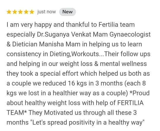 A five-star Google review from the couple describing how they reduced 16 kg in three months as a couple, in a healthy way, with the team's support