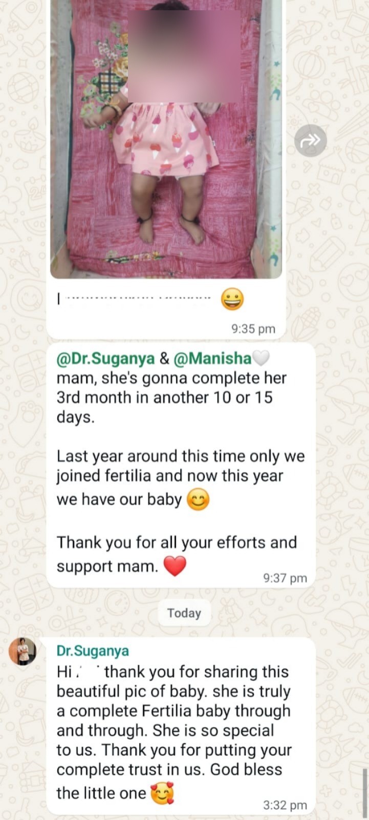 Our baby girl, almost 3 months old. "Last year around this time only we joined Fertilia and now this year we have our baby. Thank you for all your efforts and support mam."