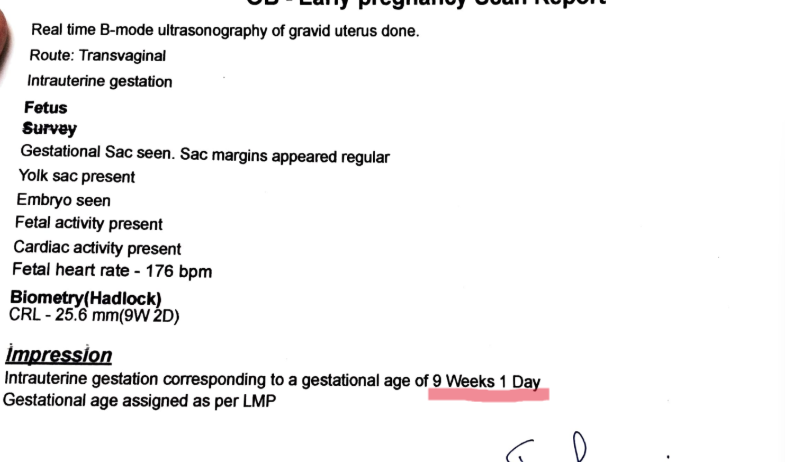 Early pregnancy scan: 9 weeks 1 day. Fetal heart rate 176 bpm, embryo seen, cardiac activity present.
