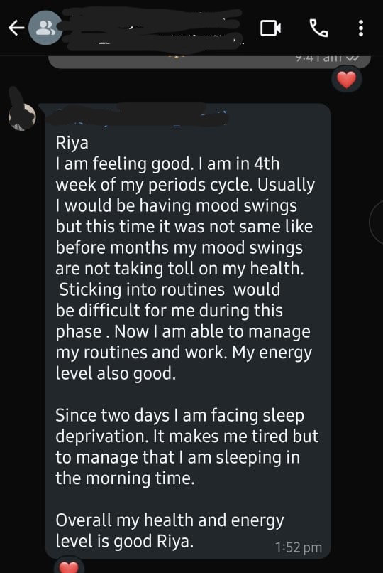A note I sent during the program: "Exercise routines and affirmations are helping me to cope with my anxiety issues. Daily follow ups and continuous monitoring motivate me to stay on track."