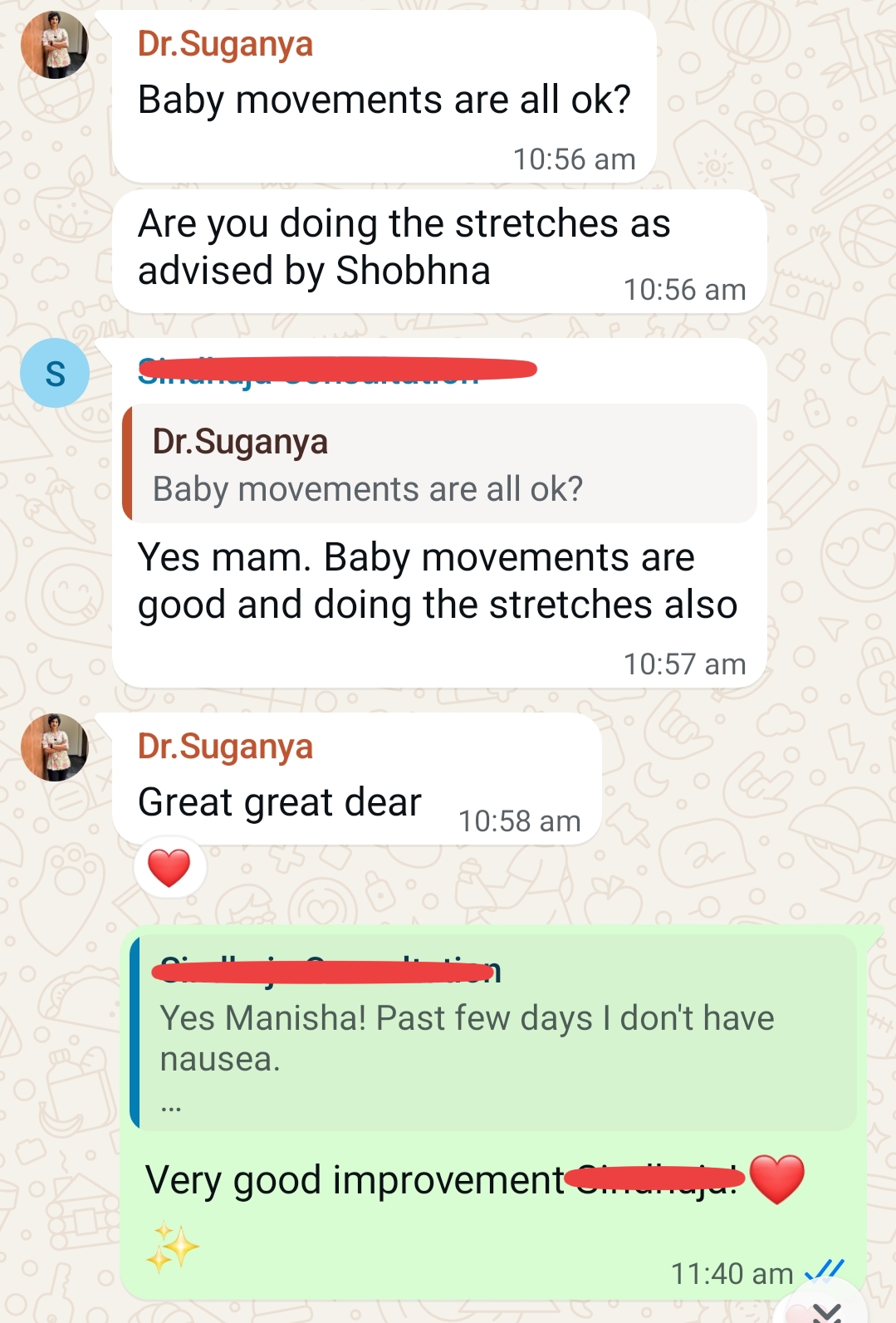 Continuous check-ins from Dr. Suganya: "Baby movements are all ok? Are you doing the stretches as advised by Shobhna?", and my replies telling her the baby was moving well and I was keeping up.