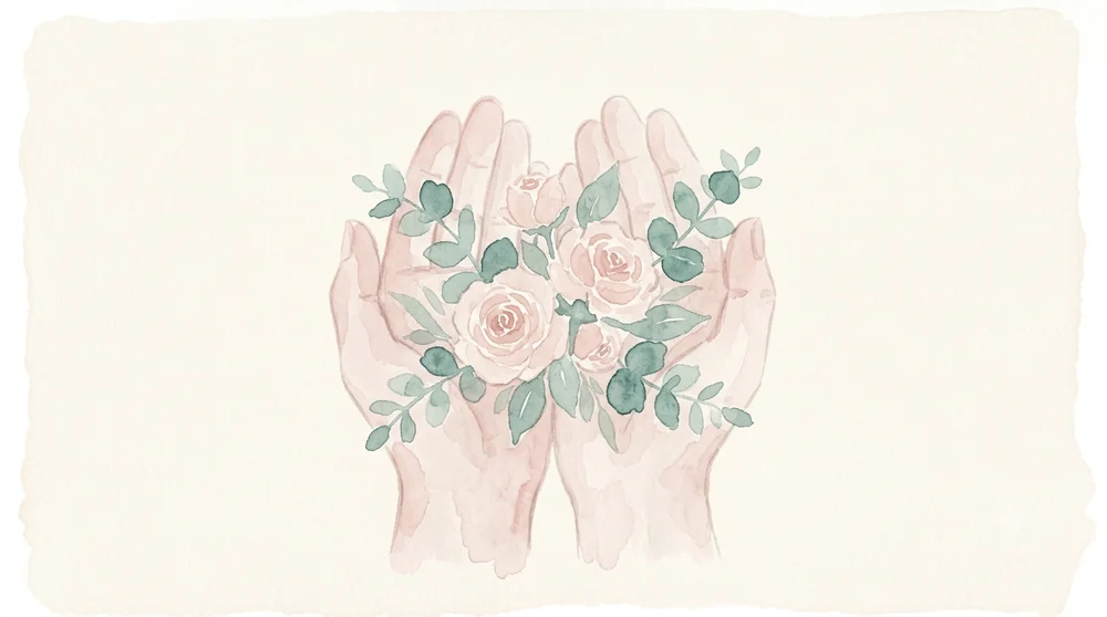 A watercolour illustration of cupped hands holding roses