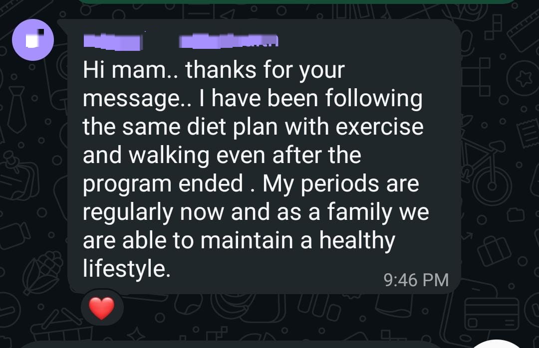 Saranya's message: periods regular, the whole family maintaining a healthy lifestyle
