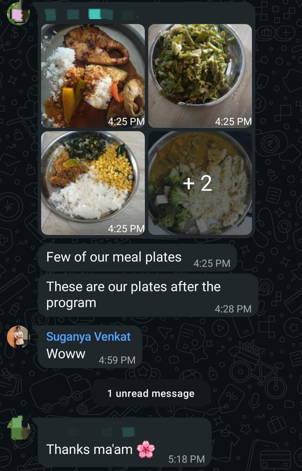 Meal plates a doctor couple shared months after their program ended: fish curry with rice, greens poriyal, millet with vegetables