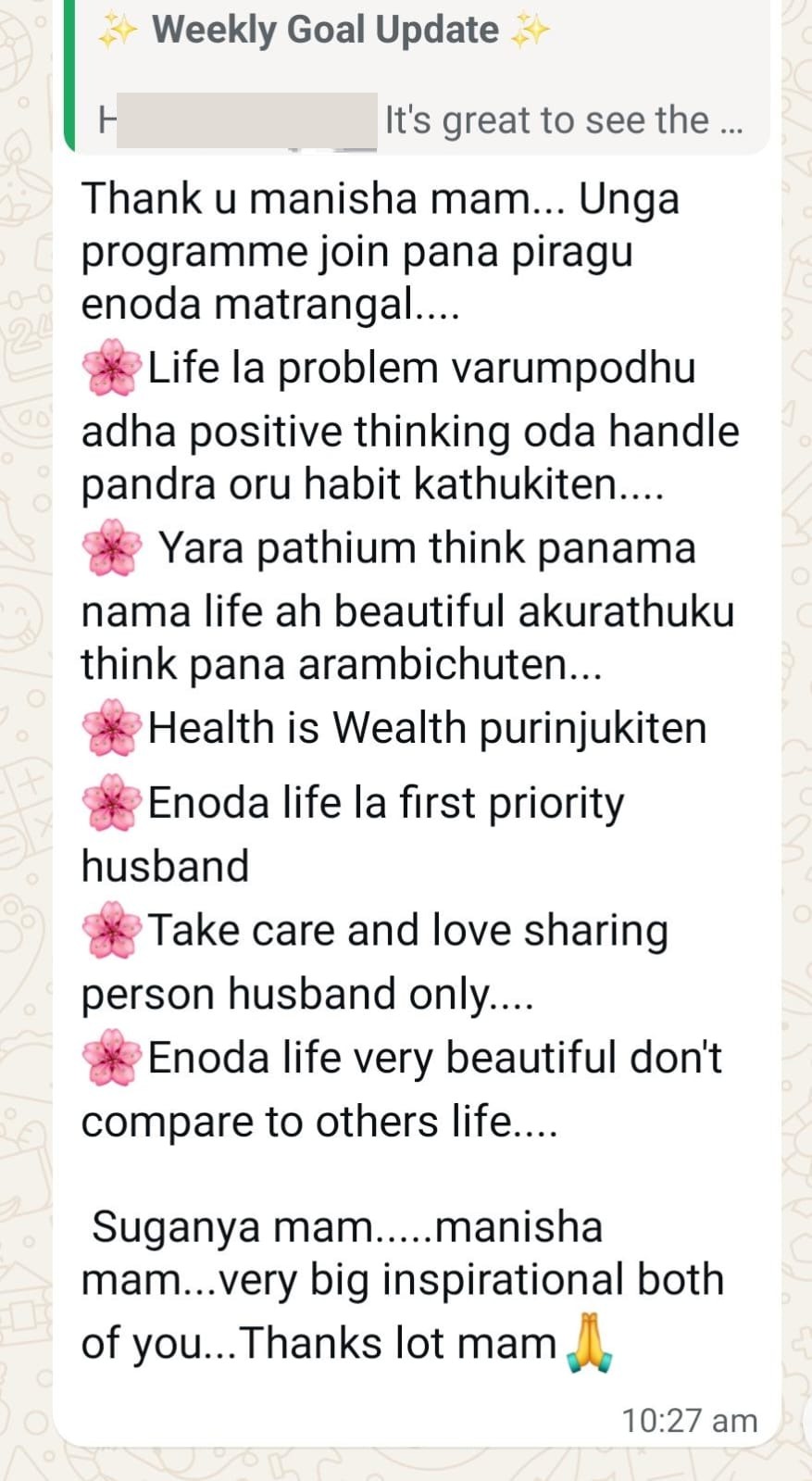 One of her weekly reflections with the team