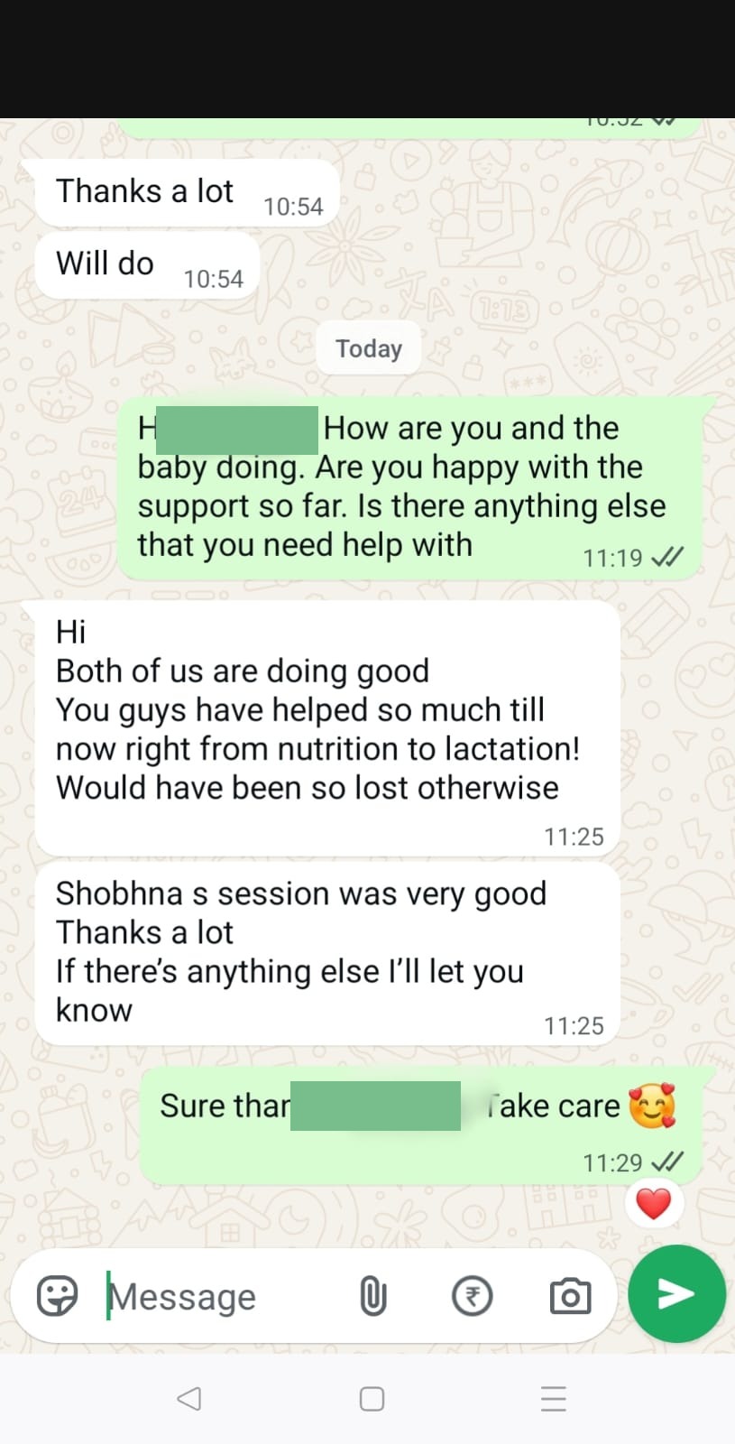 Her note to the team, checking in after her sessions