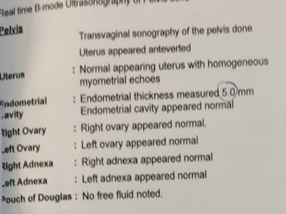 An early scan noting an endometrial thickness of around 5mm