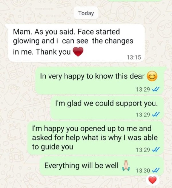 Patient message about visible skin and health improvements after Fertilia program