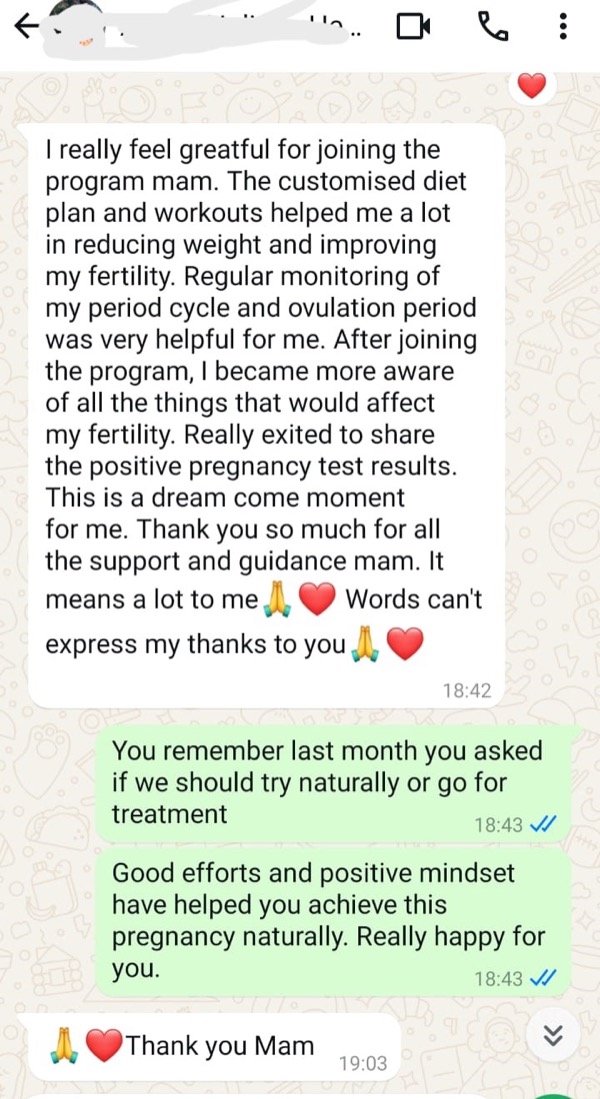 WhatsApp message sharing positive pregnancy test result after Fertilia fertility program