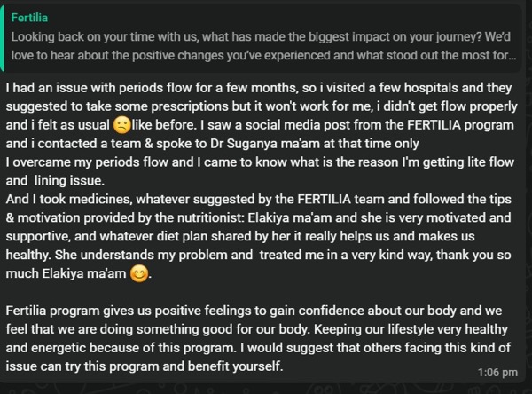 Patient feedback about overcoming period issues with Fertilia program support