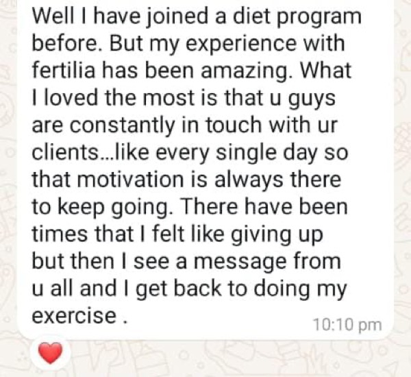 Patient praising Fertilia's constant motivation and daily support system