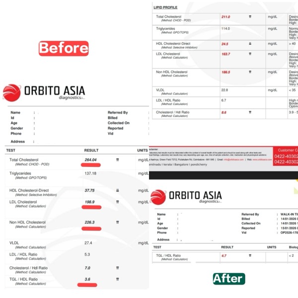 Before and after cholesterol reports showing improvement through Fertilia program