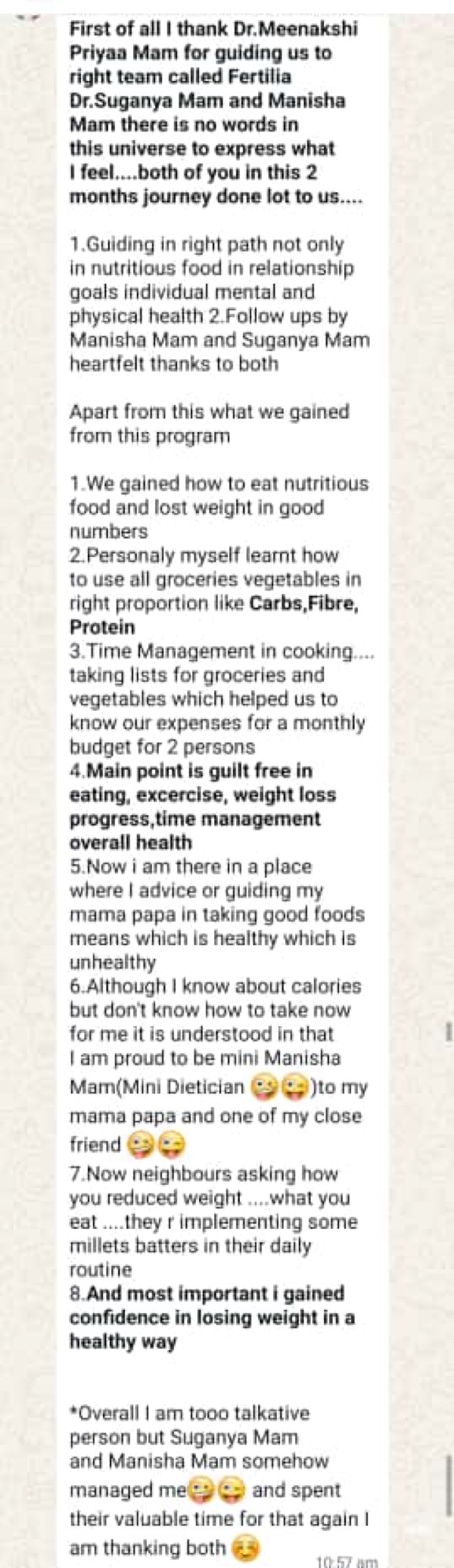 Patient sharing weight loss journey and nutrition knowledge gained from Fertilia program