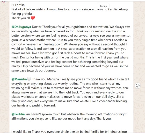 Heartfelt long message praising Dr. Suganya as mentor and Manisha as nutritionist
