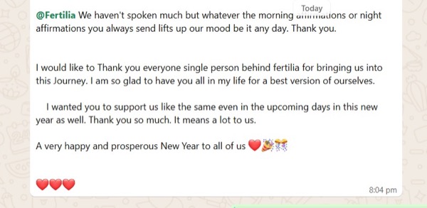 Patient expressing gratitude to the entire Fertilia team