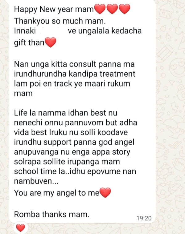 Emotional Tamil-English testimonial calling Dr. Suganya an angel who prevented unnecessary treatment