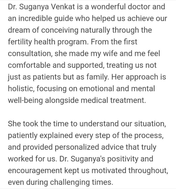 Detailed testimonial about achieving natural conception with Dr. Suganya's holistic approach