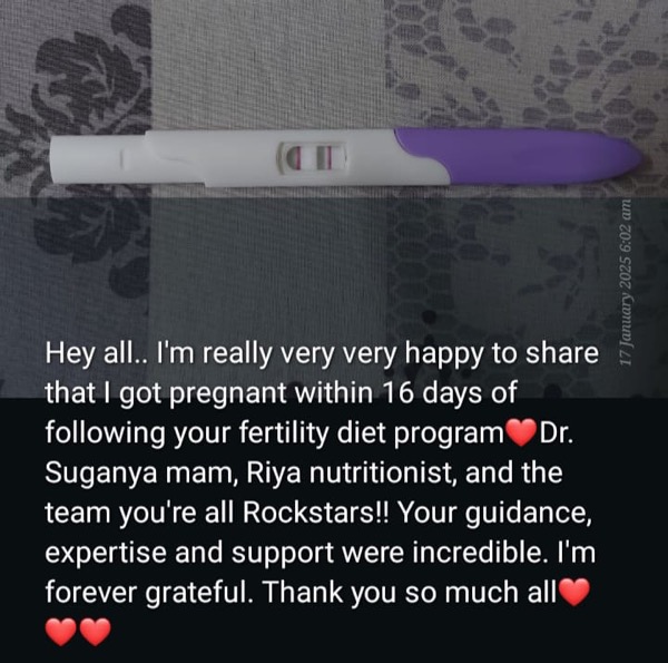 Positive pregnancy test with message about conceiving in just 16 days on Fertilia program