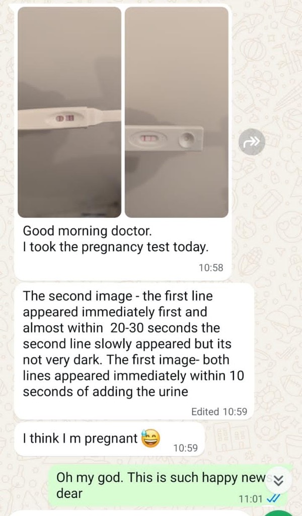 Positive pregnancy test photos shared excitedly with Dr. Suganya on WhatsApp