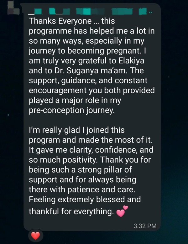 Patient expressing gratitude for pre-conception support from Fertilia team