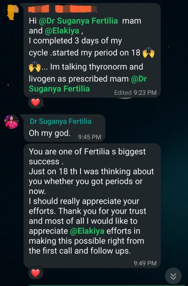 Dr. Suganya celebrating a patient's period return as one of Fertilia's biggest successes