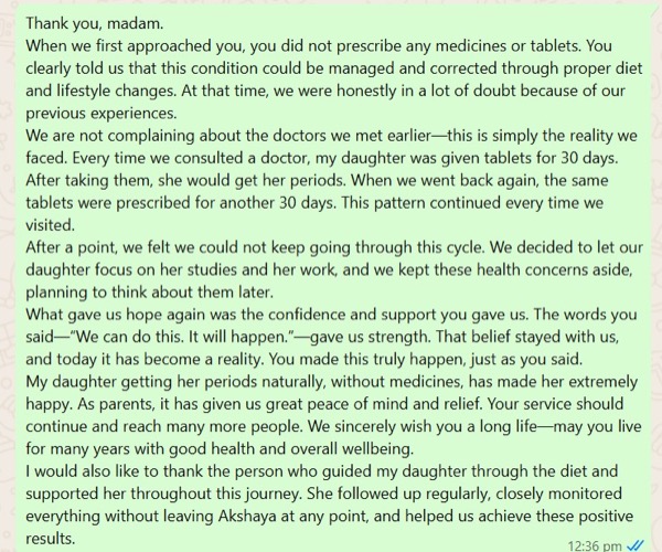 Parent's emotional English message about daughter finally getting natural periods after years of tablets