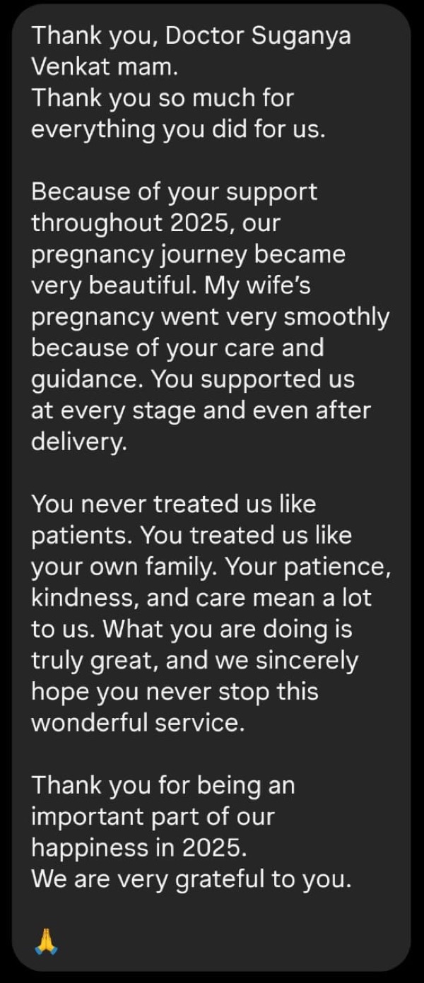 Husband's testimonial about smooth pregnancy journey and family-like care from Dr. Suganya