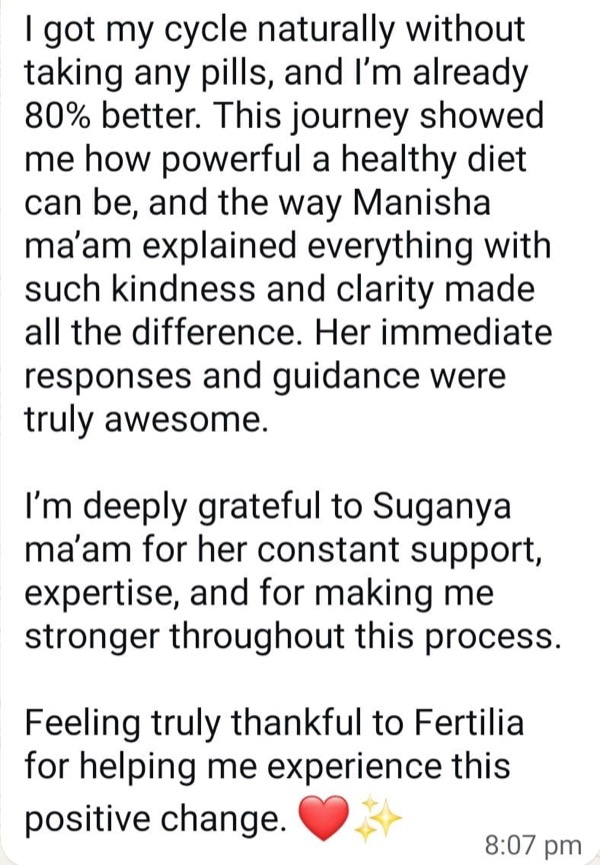 PCOS patient celebrating natural period return and 80% health improvement