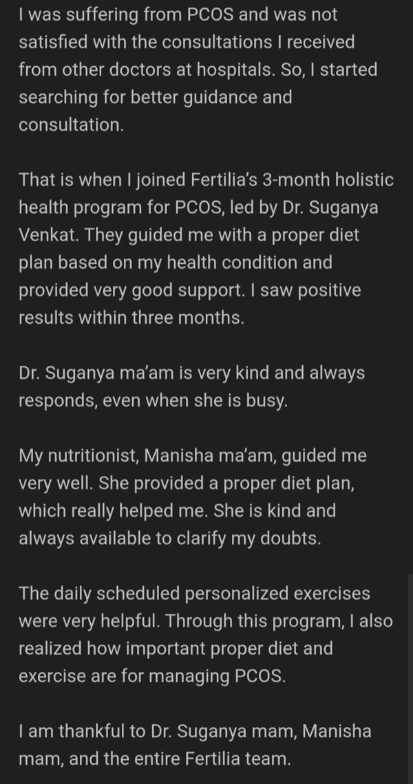 PCOS patient praising Fertilia's personalized approach vs previous doctor experiences