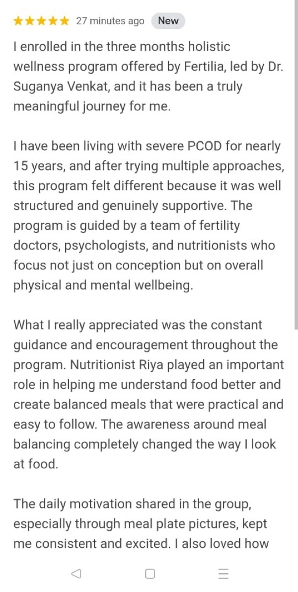 15-year PCOD patient achieving conception after Fertilia's holistic wellness program