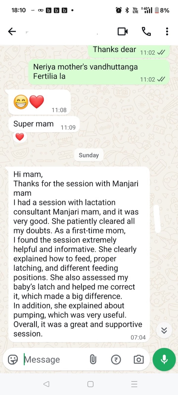 First-time mother praising lactation session with Manjari for breastfeeding guidance