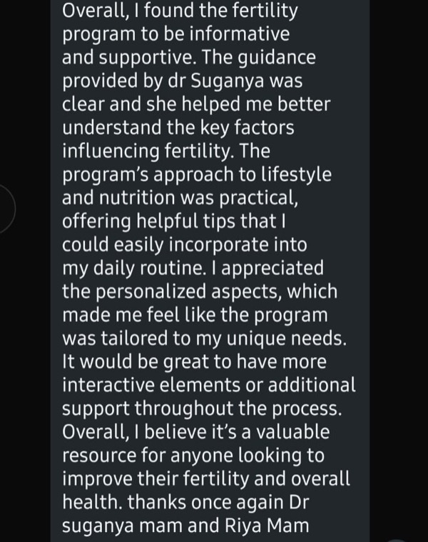 Patient praising Fertilia's practical and personalized fertility program approach