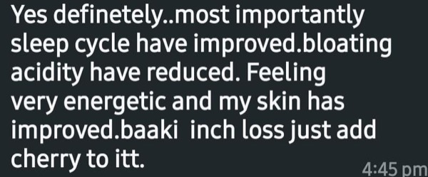 Patient listing multiple health improvements including sleep, digestion and skin