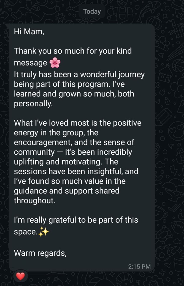 Patient praising the supportive community and personal growth through Fertilia