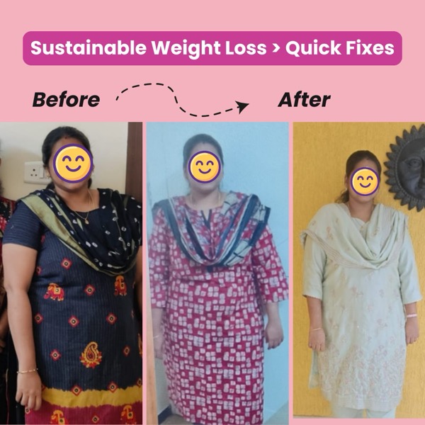 Before and after transformation photos showing sustainable weight loss results