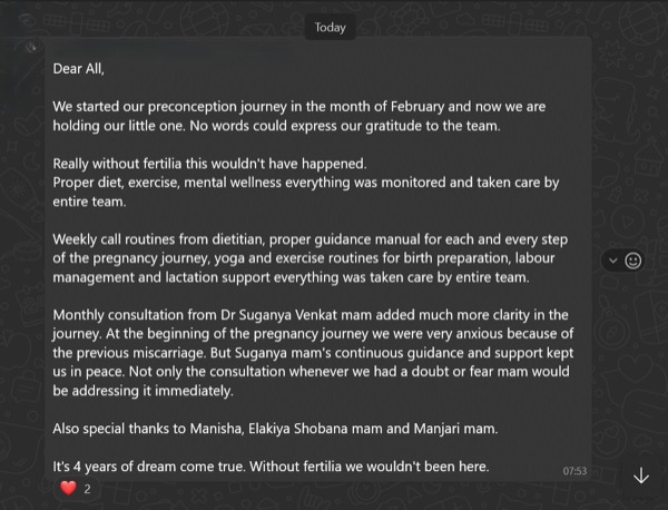 4-year fertility journey culminating in baby - crediting Fertilia's complete support