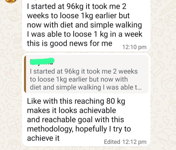 Weight loss journey from 96kg showing faster progress with Fertilia's diet plan