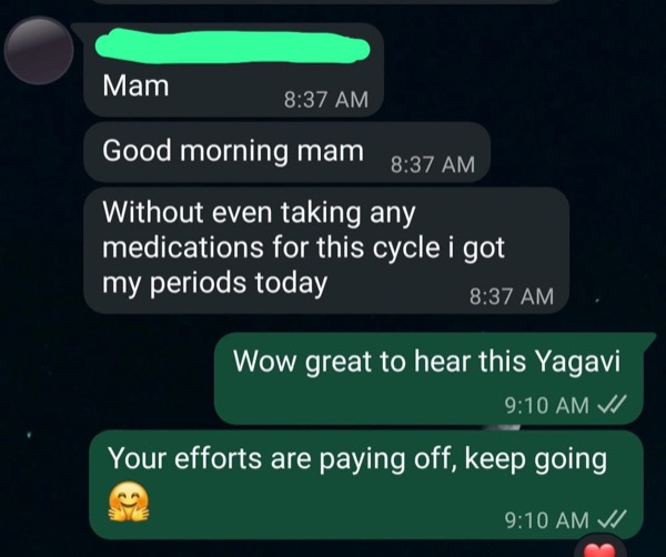 Patient celebrating natural period return without any medication