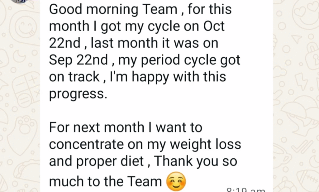 Patient reports regular period cycle after PCOS program