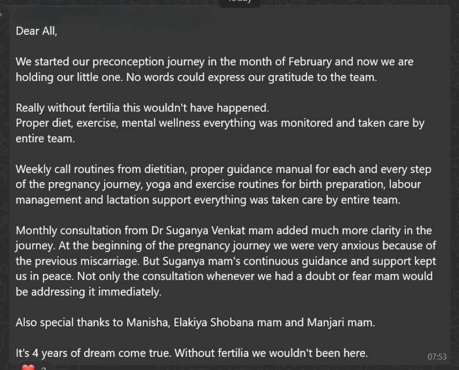 WhatsApp message celebrating baby's arrival after a 4-year preconception journey with Fertilia