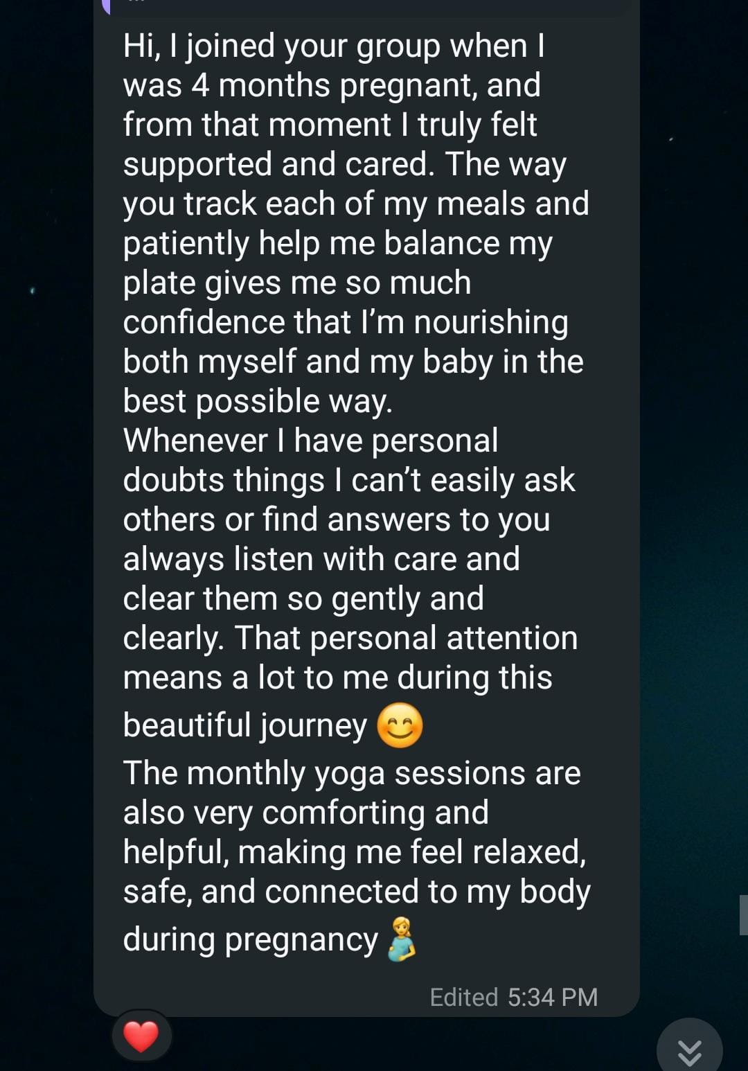 Pregnant patient praises Fertilia for meal tracking and personal attention