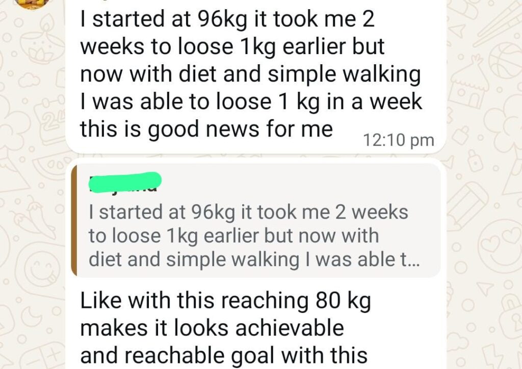 Patient reports weight loss from 96kg with diet and walking